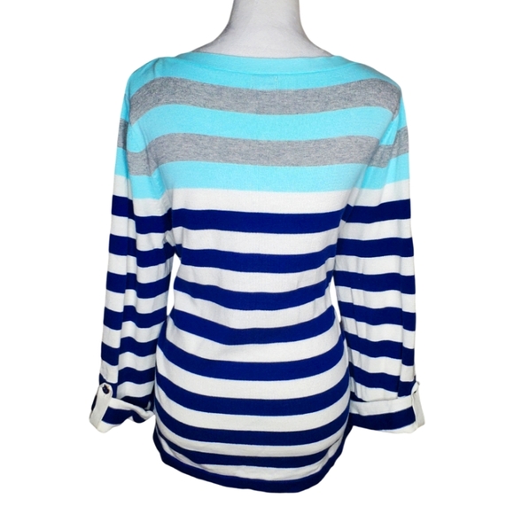 IZOD 100% Cotton Multicolor Boatneck Striped Pullover With Roll Tab Sleeves - Picture 4 of 6